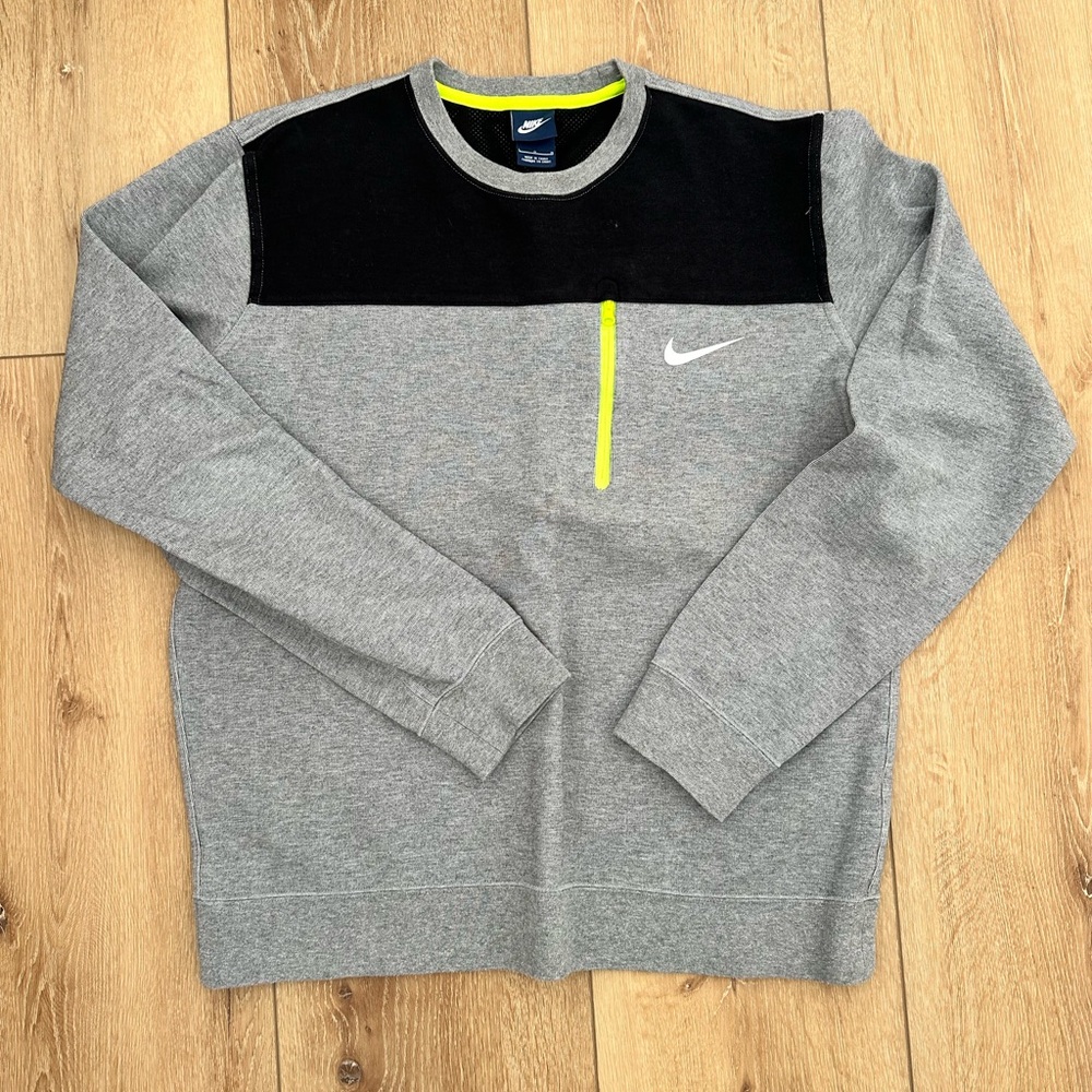 Nike Men's Gray Crewneck Sweater with Black and Neon Accents